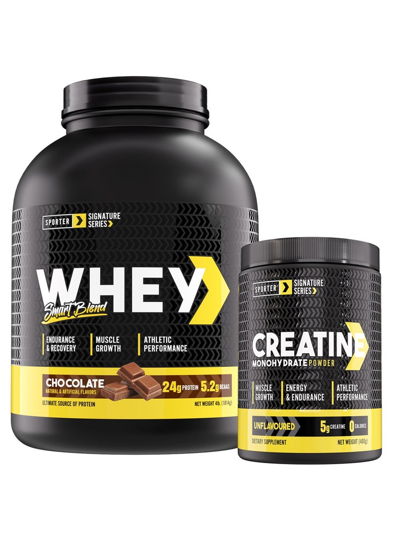 Sporter Muscle Building Bundle – Smart Whey Protein 4 lbs Chocolate + Creatine Monohydrate 400g - Image 1